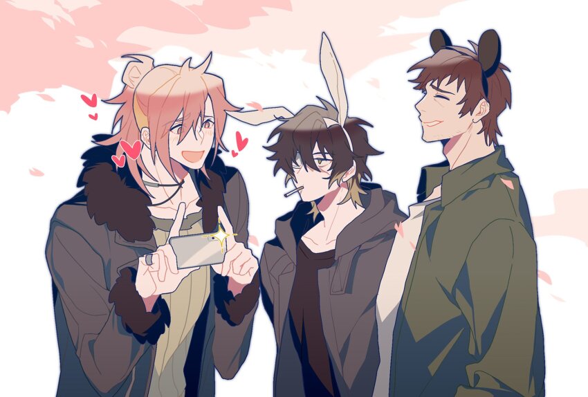 3boys, animal_ears, bear_ears, black_jacket, black_shirt, cherry_blossoms, coat, facial_hair