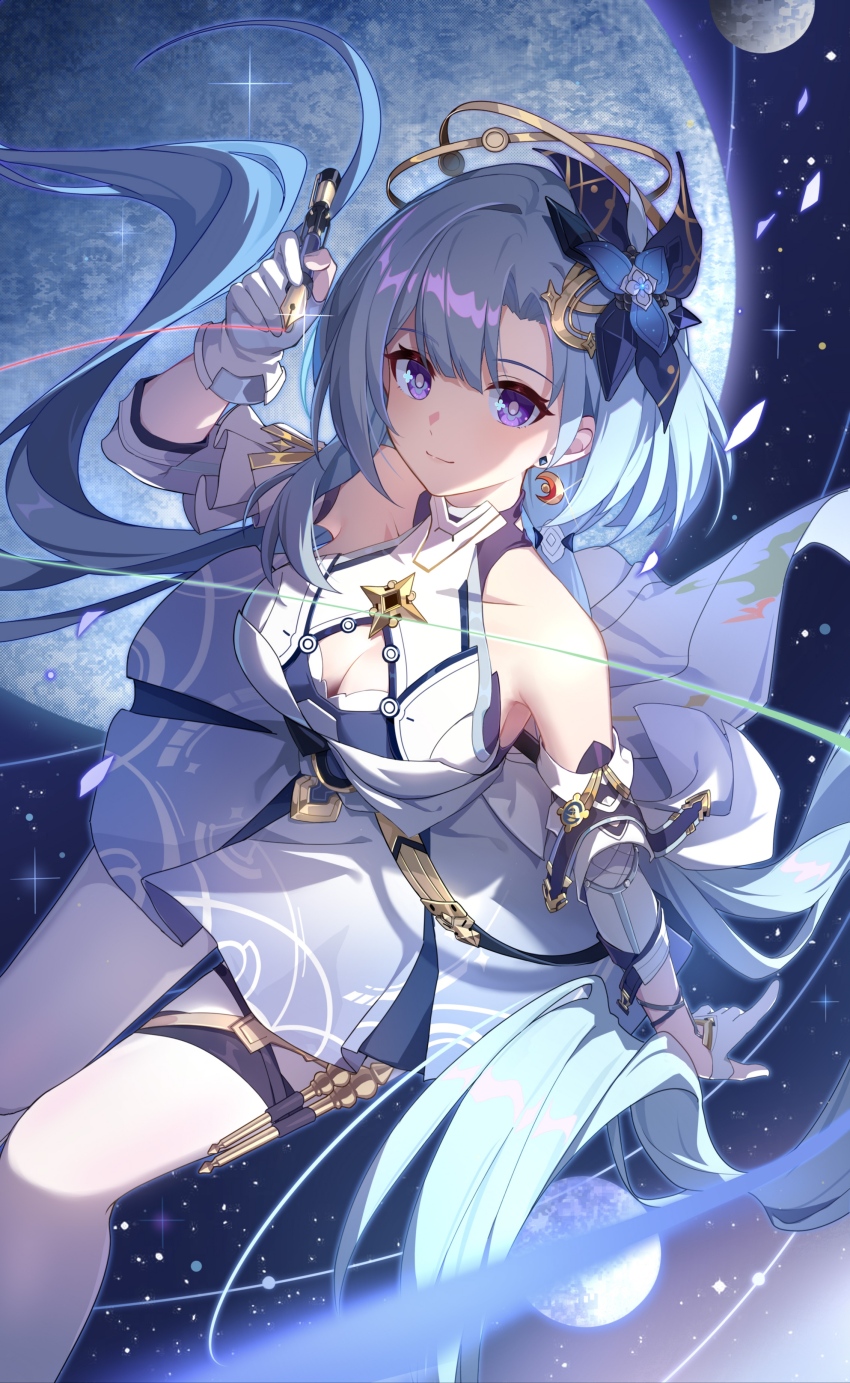 1girl, absurdres, armpit_crease, bare_shoulders, blue_eyes, blue_hair, breasts, cleavage