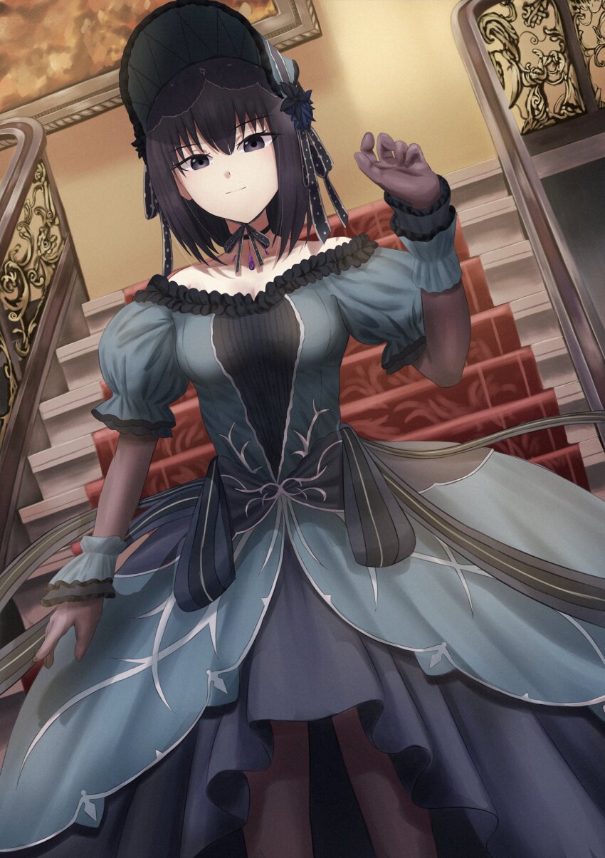 1girl, bare_shoulders, black_choker, black_dress, black_eyes, black_hair, blue_dress, bonnet