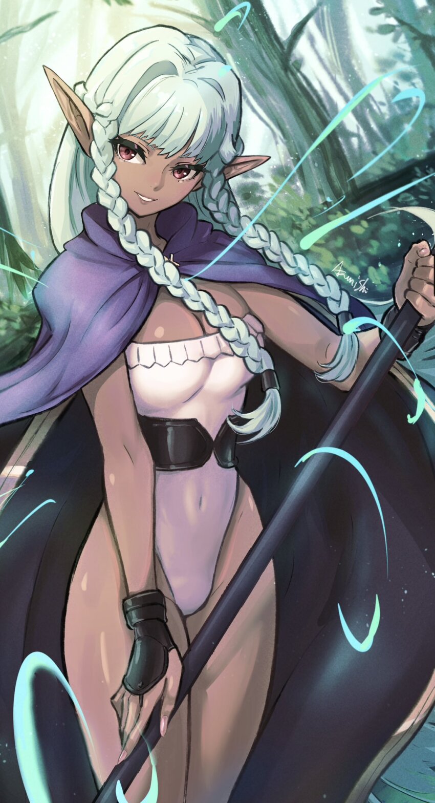 aqua_hair, braid, braided_sidelock, cape, capelet, cloak, dark-skinned_female, dark_elf, dark_skin, dress, elf, frilled_leotard, frills, hair_intakes, highres, leotard, pointy_ears, purple_cape, purple_capelet, purple_cloak, rooru_kyaabetsu, rosalinde_(unicorn_overlord), see-through_clothes, see-through_dress, side_braids, unicorn_overlord, vanillaware, white_leotard