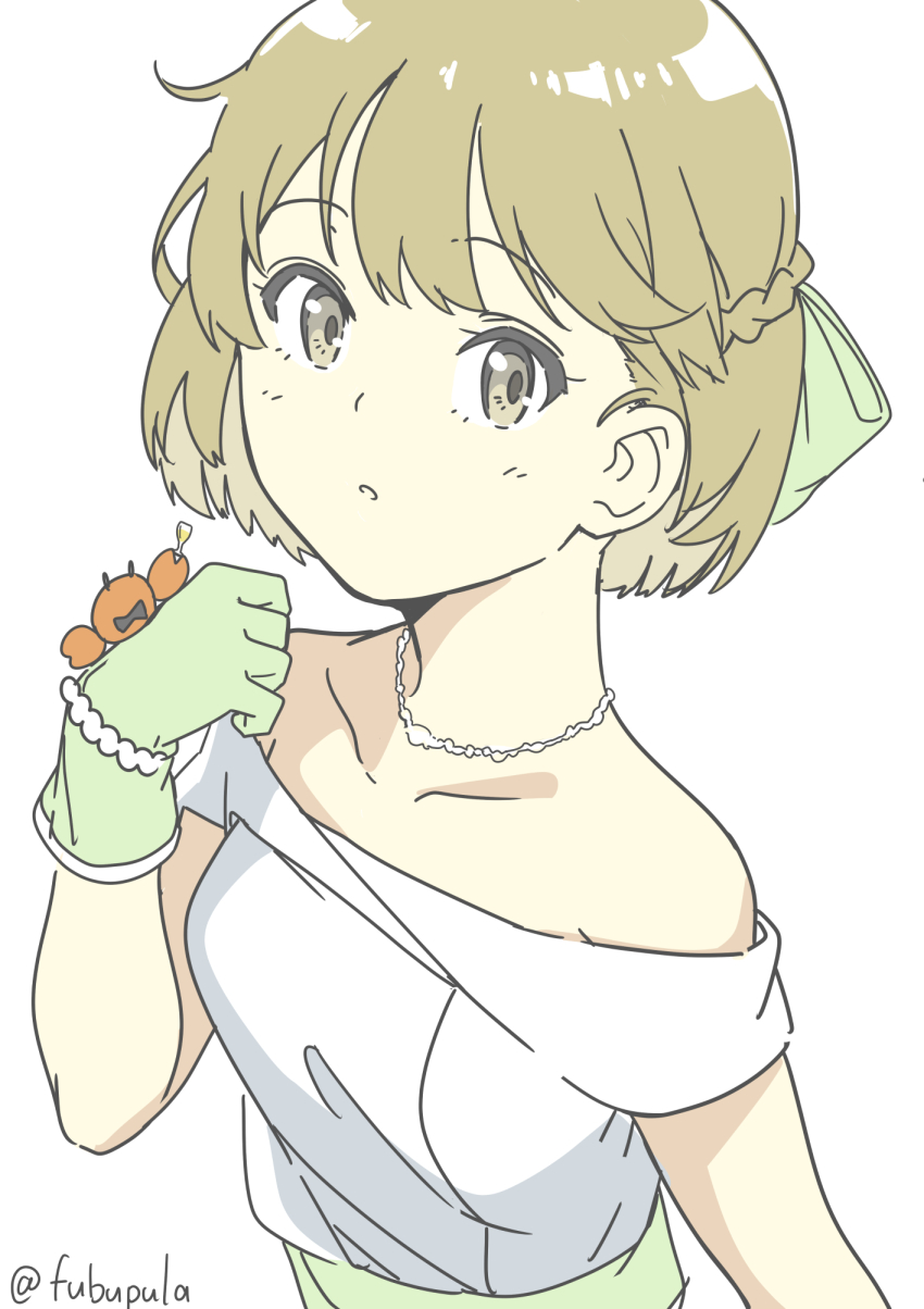 1girl, braid, brown_eyes, crab, dress, fubupula, gloves, green_gloves, half_up_braid, highres, kantai_collection, light_brown_hair, oboro_(11th_anniversary)_(kancolle), oboro_(kancolle), off-shoulder_dress, off_shoulder, official_alternate_costume, one-hour_drawing_challenge, upper_body, white_dress