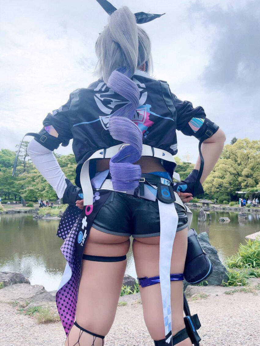 1girl, ass, ass_focus, cosplay, drill_hair, fingerless_gloves, from_behind, gloves
