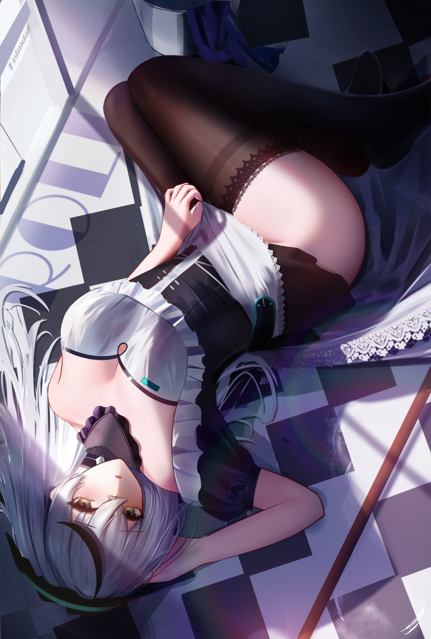 1girl, absurdres, apron, black_dress, black_hair, black_thighhighs, checkered_floor, cherno_kegaard