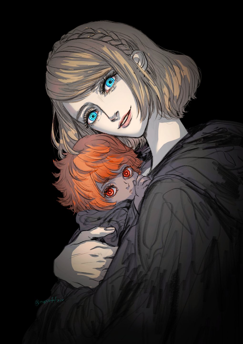 1boy, 1girl, aged_down, athena_(ff14), baby, black_background, black_robe, blue_eyes, braid, brown_hair, carrying, carrying_person, child, commentary, constricted_pupils, crazy_eyes, crown_braid, erichthonios, final_fantasy, final_fantasy_xiv, head_tilt, highres, looking_at_viewer, mother_and_child, mother_and_son, orange_hair, parent_and_child, parted_lips, red_eyes, robe, short_hair, signature, simple_background, single_braid, sophist's_robe_(ff14), topio_(topioffxiv), twitter_username, upper_body