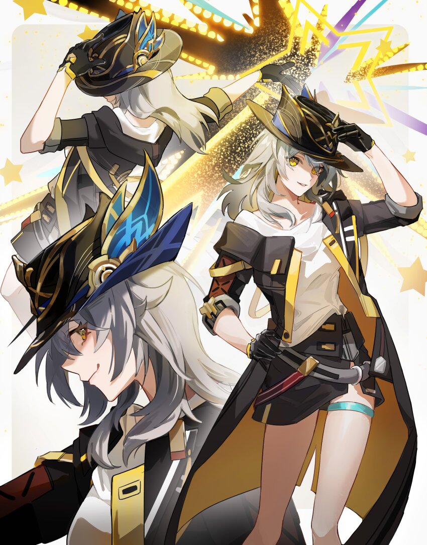 1girl, 625light, absurdres, adjusting_clothes, adjusting_headwear, black_coat, black_gloves, black_hat