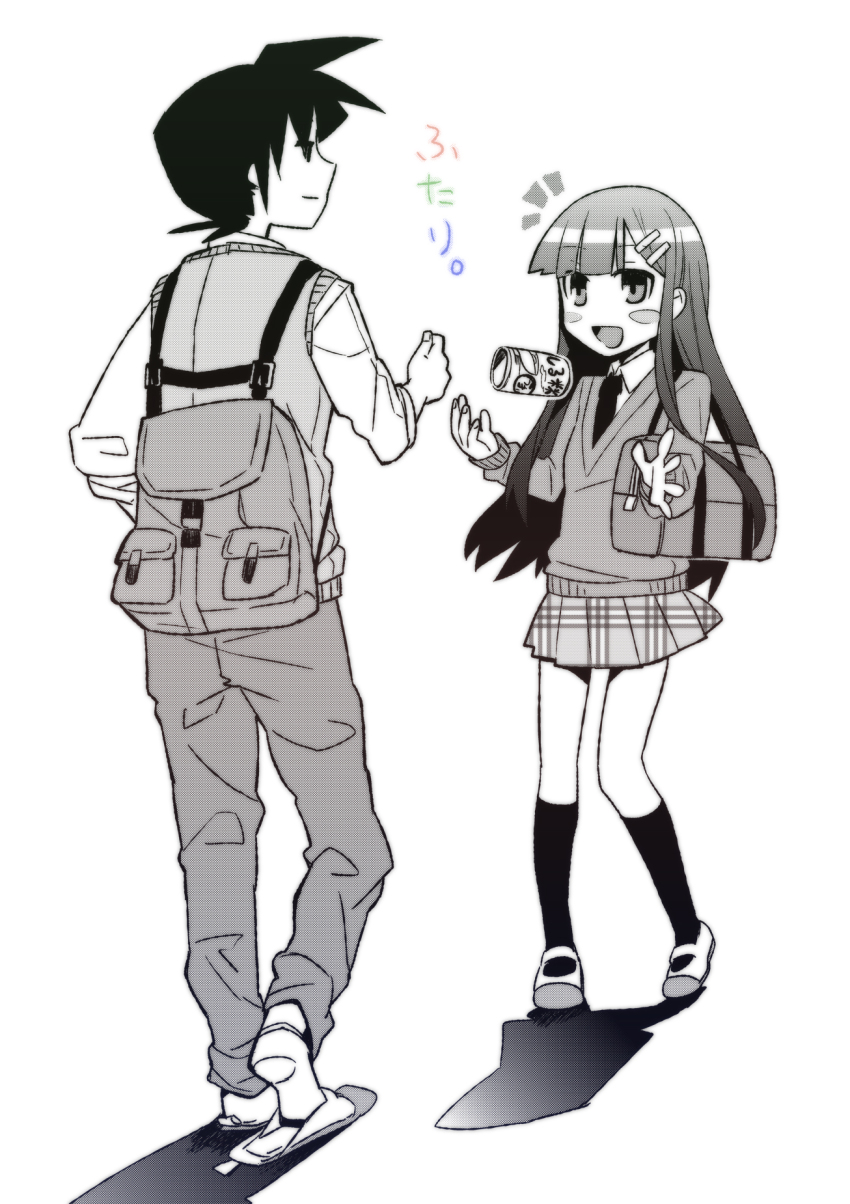 1boy, 1girl, akasaka_(futari.), backpack, bad_id, bad_pixiv_id, bag, blunt_bangs, blush_stickers, can, futari., greyscale, hair_ornament, hairclip, highres, hime_cut, kneehighs, monochrome, necktie, sasaki_(futari.), school_uniform, shoes, skirt, socks, sweater_vest, tsurusaki_yuu, uwabaki