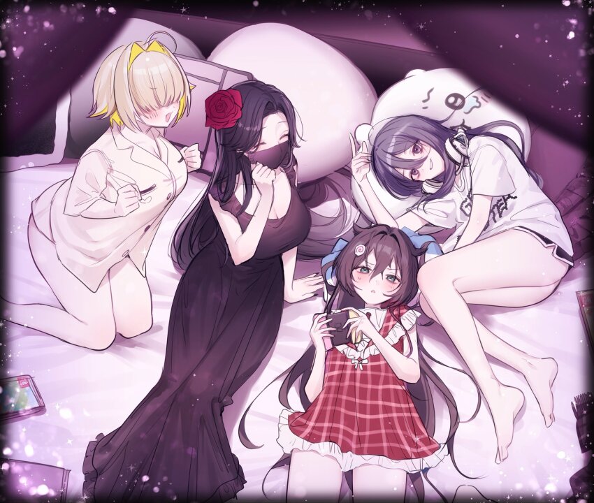 4girls, absurdres, alternate_costume, bed, black_dress, black_hair, blonde_hair, brown_hair