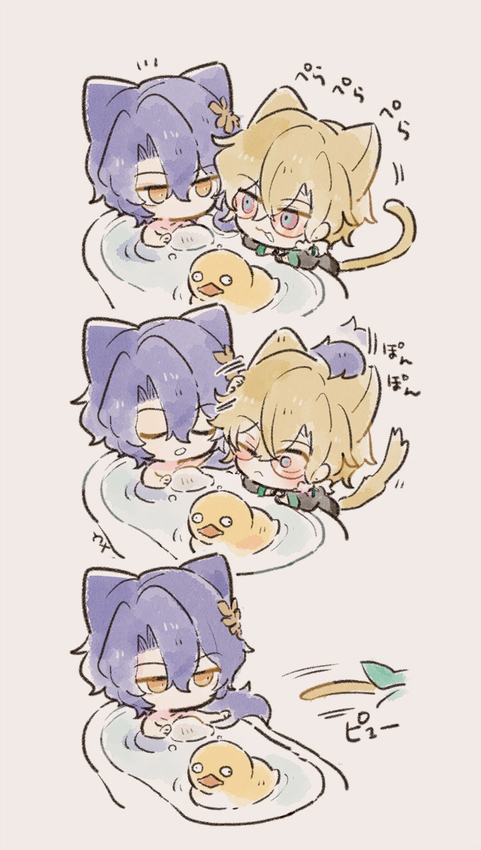 2boys, aventurine_(honkai:_star_rail), bath, bathtub, blonde_hair, blue_hair, cat_boy, cheesegohanpan, chibi, dr._ratio_(honkai:_star_rail), highres, honkai:_star_rail, honkai_(series), male_focus, multicolored_eyes, multiple_boys, nude, rubber_duck, sunglasses