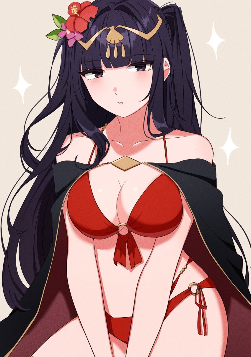 1girl, bikini, black_cape, black_eyes, black_hair, blunt_bangs, blush, bougainvillea_(flower), breasts, cape, circlet, cleavage, collarbone, fire_emblem, fire_emblem_awakening, fire_emblem_heroes, flower, gmais2514, gold_trim, grey_background, hair_flower, hair_ornament, highres, large_breasts, long_hair, looking_at_viewer, nintendo, official_alternate_costume, pink_flower, red_bikini, red_cape, red_flower, simple_background, solo, swimsuit, tharja_(fire_emblem), tharja_(summer)_(fire_emblem), two-tone_cape, two_side_up