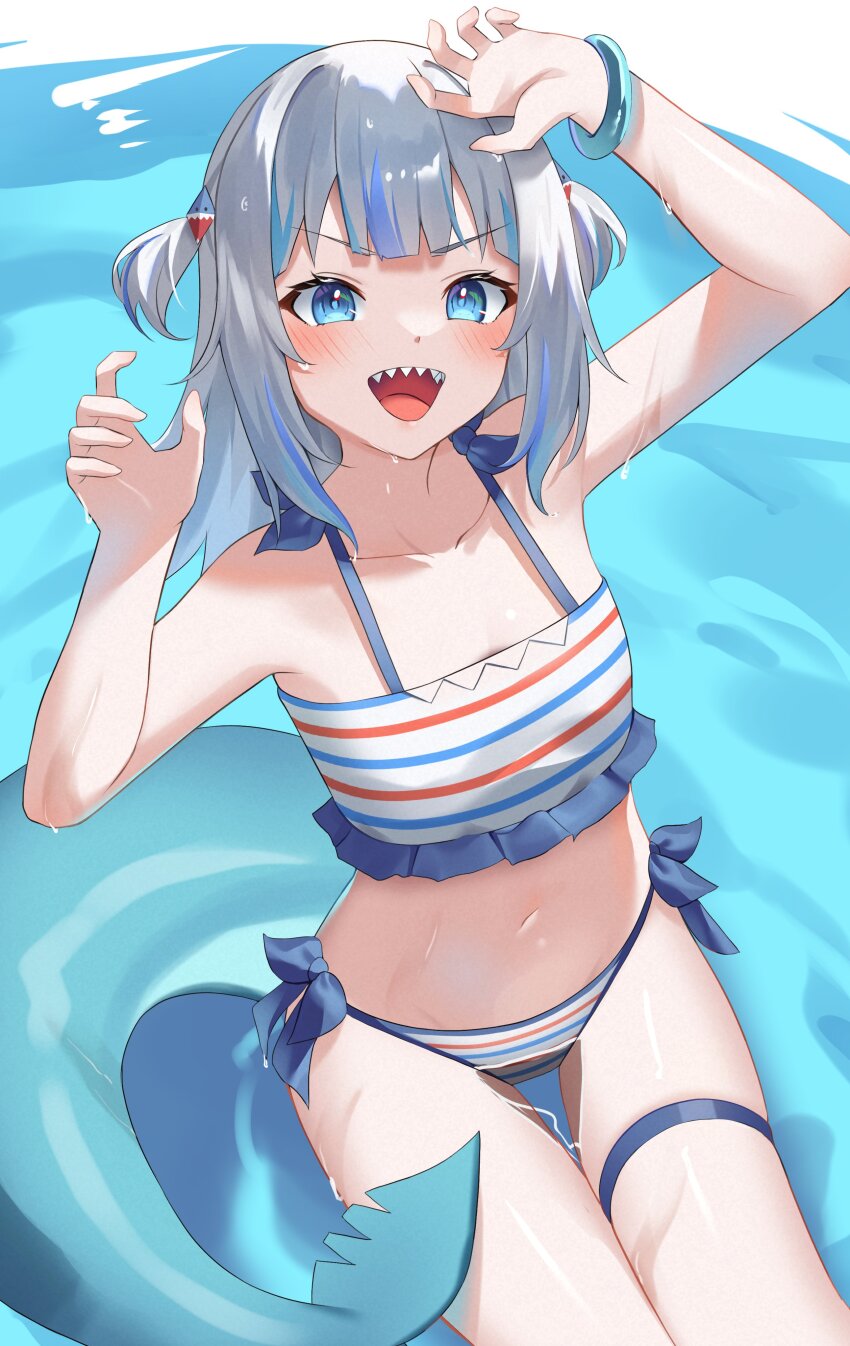 1girl, :d, absurdres, arm_up, bikini, blue_eyes, blue_hair, blush