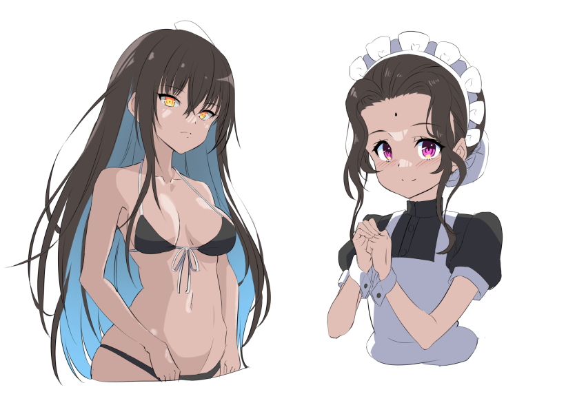 2girls, bikini, black_bikini, black_hair, blue_hair, blush, breasts, cakuiti