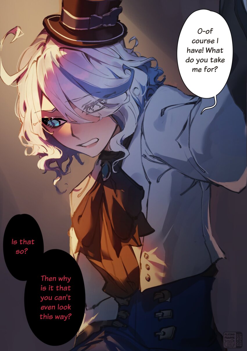 1girl, ahoge, ascot, black_ascot, black_hat, blue_eyes, blue_hair, blush, bow, clenched_teeth, english_text, flying-frappuccino, furina_(genshin_impact), furina_(live_actually)_(genshin_impact), genshin_impact, hat, hat_bow, highres, jacket, long_sleeves, medium_hair, multicolored_hair, speech_bubble, streaked_hair, teeth, white_hair, white_jacket