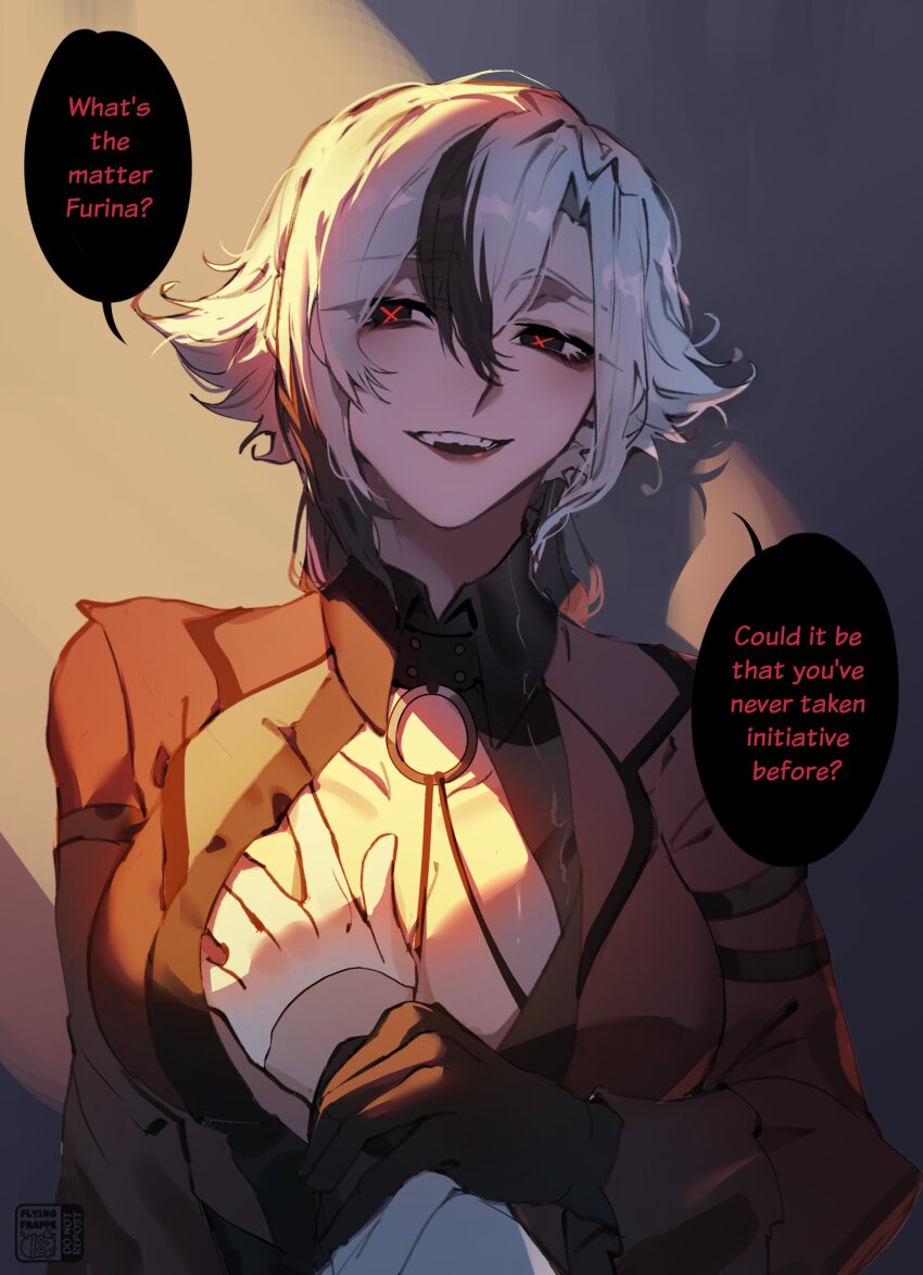 2girls, absurdres, arlecchino_(genshin_impact), arlecchino_(live_actually)_(genshin_impact), black_eyes, black_gloves, black_hair, breasts, english_text, female_pov, flying-frappuccino, furina_(genshin_impact), genshin_impact, gloves, grabbing_another's_breast, groping, guided_breast_grab, guiding_hand, highres, holding_another's_wrist, jacket, large_breasts, long_sleeves, multicolored_hair, multiple_girls, open_mouth, pov, red_jacket, red_pupils, smile, speech_bubble, streaked_hair, symbol-shaped_pupils, white_gloves, white_hair, x-shaped_pupils, yuri