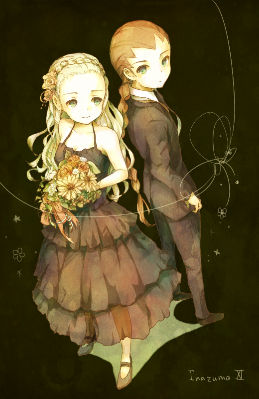 1boy, 1girl, bad_id, bad_pixiv_id, bouquet, copyright_name, dress, eyebrows, flower, formal_clothes, green_eyes, guel, inazuma_eleven, inazuma_eleven_(series), long_hair, magicsquare0, roman_numeral, sein_(inazuma_eleven), smile, suit