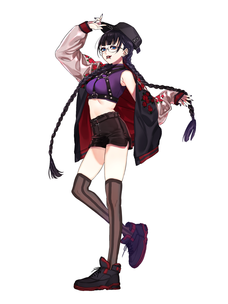 1girl, arm_up, belt, black_hat, black_shoes, black_shorts, blue_eyes, braid, breasts, dairoku_ryouhei, ear_piercing, face_piercing, full_body, hand_up, hat, hokokonoko, jacket, long_sleeves, midriff, mouth_piercing, nezugayama_iru, o-ring, piercing, shoes, short_shorts, shorts, small_breasts, sneakers, solo, standing, twin_braids