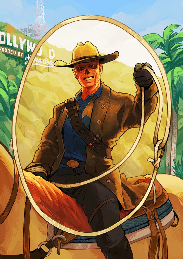 1boy, black_gloves, brown_hat, brown_jacket, the_ghoul_(fallout_tv_series), cowboy, cowboy_hat, cowboy_western, fallout_(prime_video), fallout, gloves, h0lyhandgrenade, hat, hollywood_sign, horse, horseback_riding, jacket, lasso, leather, long_sleeves, looking_at_viewer, male_focus, outdoors, pants, riding, shirt, smile, solo, tagme, western
