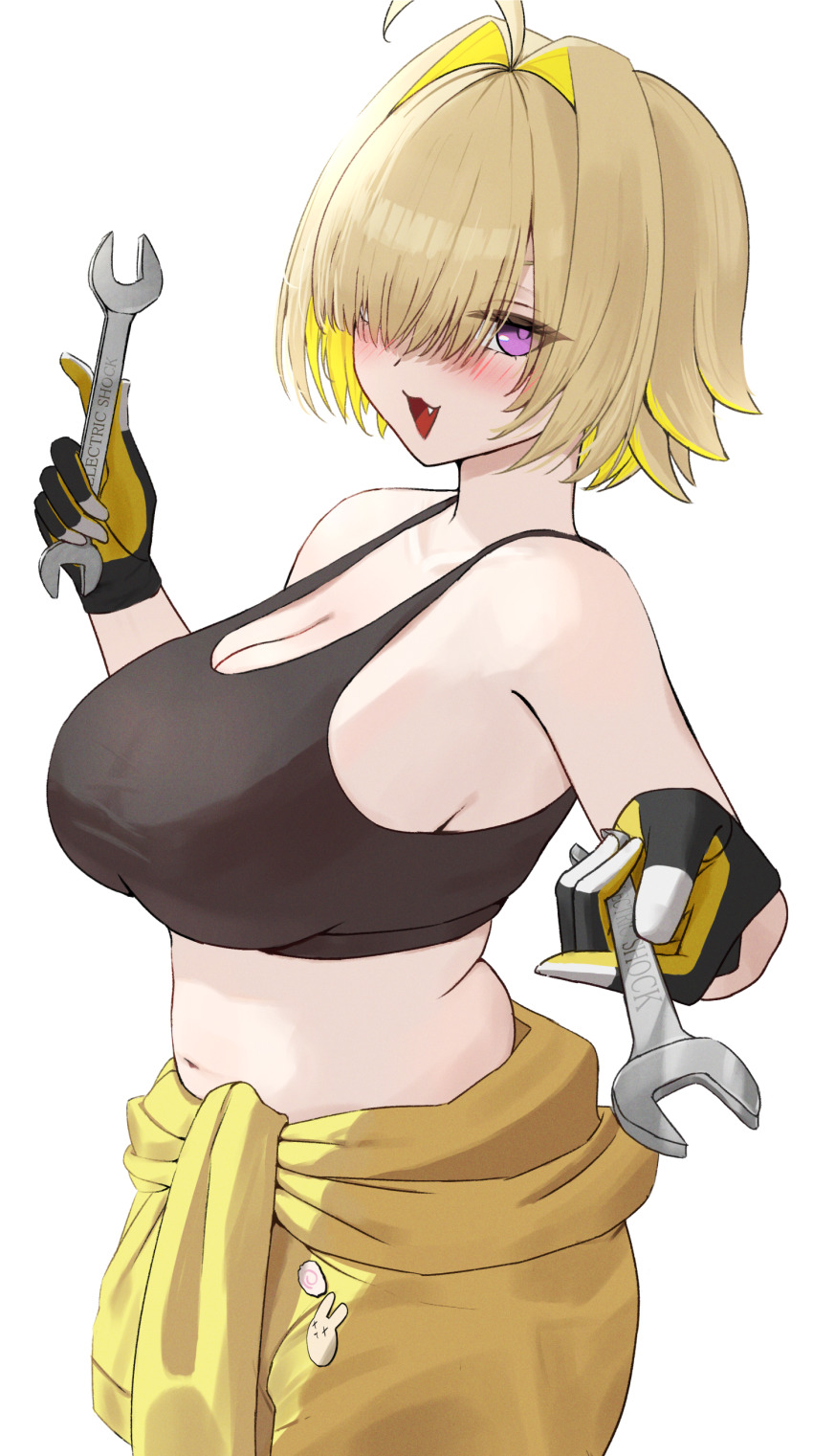 absurdres, ahoge, black_gloves, black_shirt, blonde_hair, blush, breasts, cleavage, commentary_request, crop_top, elegg_(nikke), fang, gloves, goddess_of_victory:_nikke, hair_intakes, hair_over_one_eye, highres, holding, holding_wrench, large_breasts, looking_at_viewer, medium_hair, open_mouth, pants, purple_eyes, rabbit_pin, reaching, reaching_towards_viewer, shirt, sideboob, simple_background, smile, solo, tongue, umbsy_gi, white_background, wrench, yellow_pants