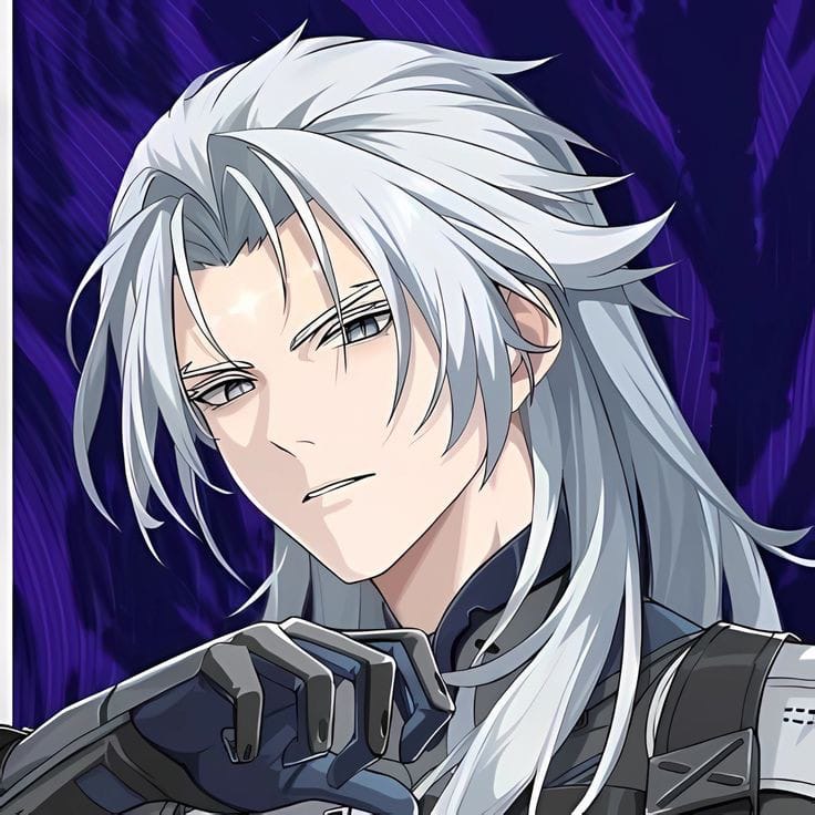 1boy, calcharo, calcharo_(wuthering_waves), colored_skin, grey_eyes, male_focus, purple_background, white_hair