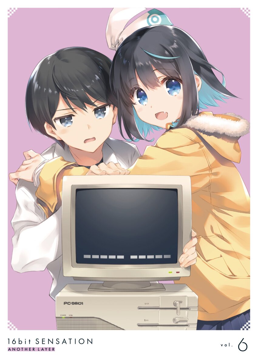 16bit_sensation, 1boy, 1girl, absurdres, akisato_konoha, black_hair, blue_eyes, blue_hair