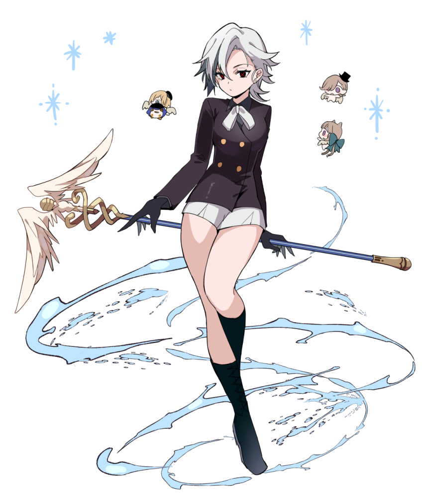 1girl, aged_down, arlecchino_(genshin_impact), black_boots, black_eyes, black_gloves, black_jacket, boots, buttons, chibi, chibi_inset, collared_jacket, commentary, double-breasted, expressionless, full_body, genshin_impact, gloves, highres, holding, holding_staff, hydrokinesis, jacket, knee_boots, long_sleeves, looking_at_viewer, multicolored_hair, neck_ribbon, peruere_(genshin_impact), red_pupils, ribbon, satorigame, short_hair, shorts, simple_background, solo, staff, standing, standing_on_one_leg, streaked_hair, symbol-shaped_pupils, two-tone_hair, water, white_background, white_hair, white_shorts, x-shaped_pupils