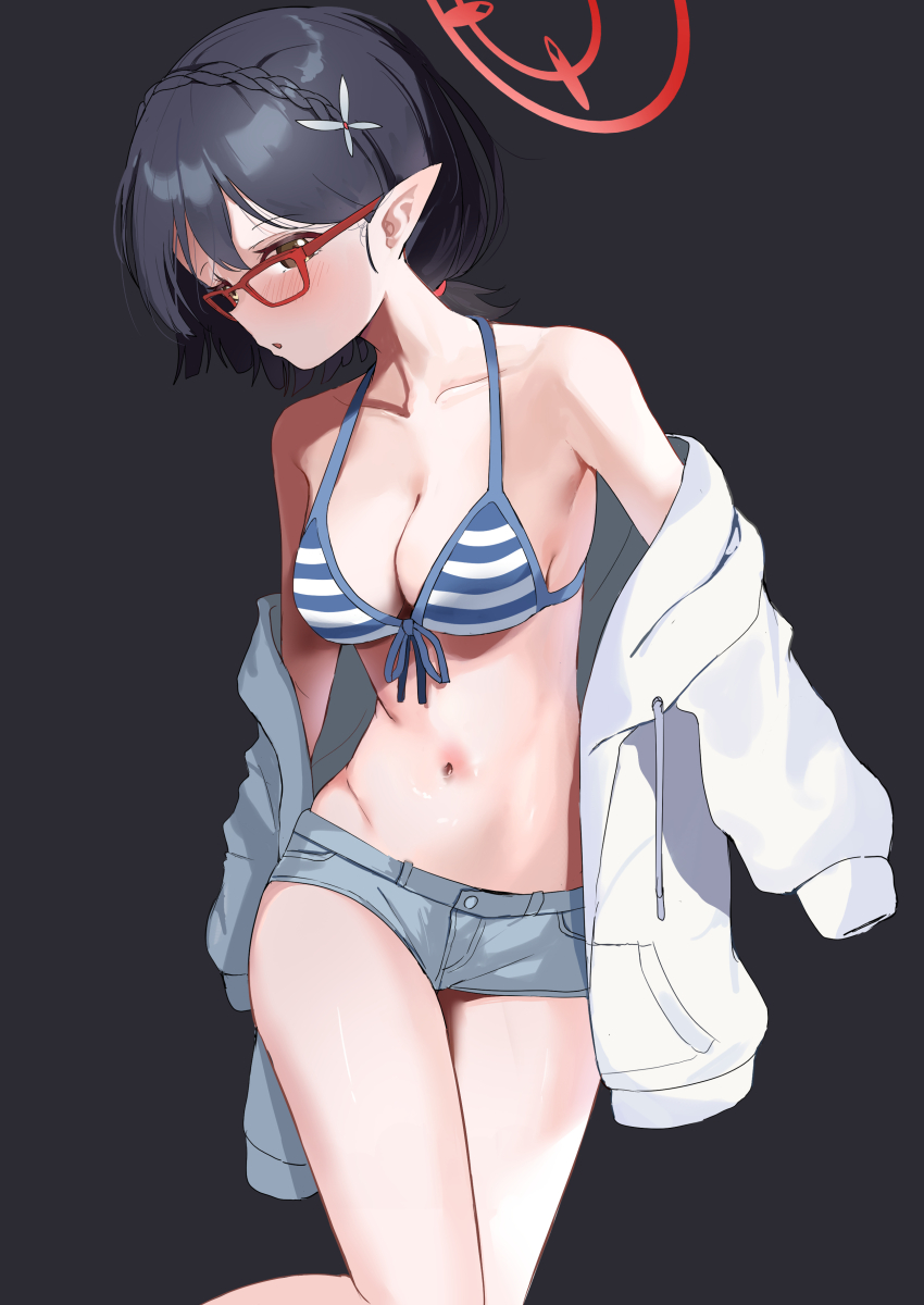 1girl, absurdres, ayane_(blue_archive), ayane_(swimsuit)_(blue_archive), bikini, black_hair, blue_archive, blue_shorts