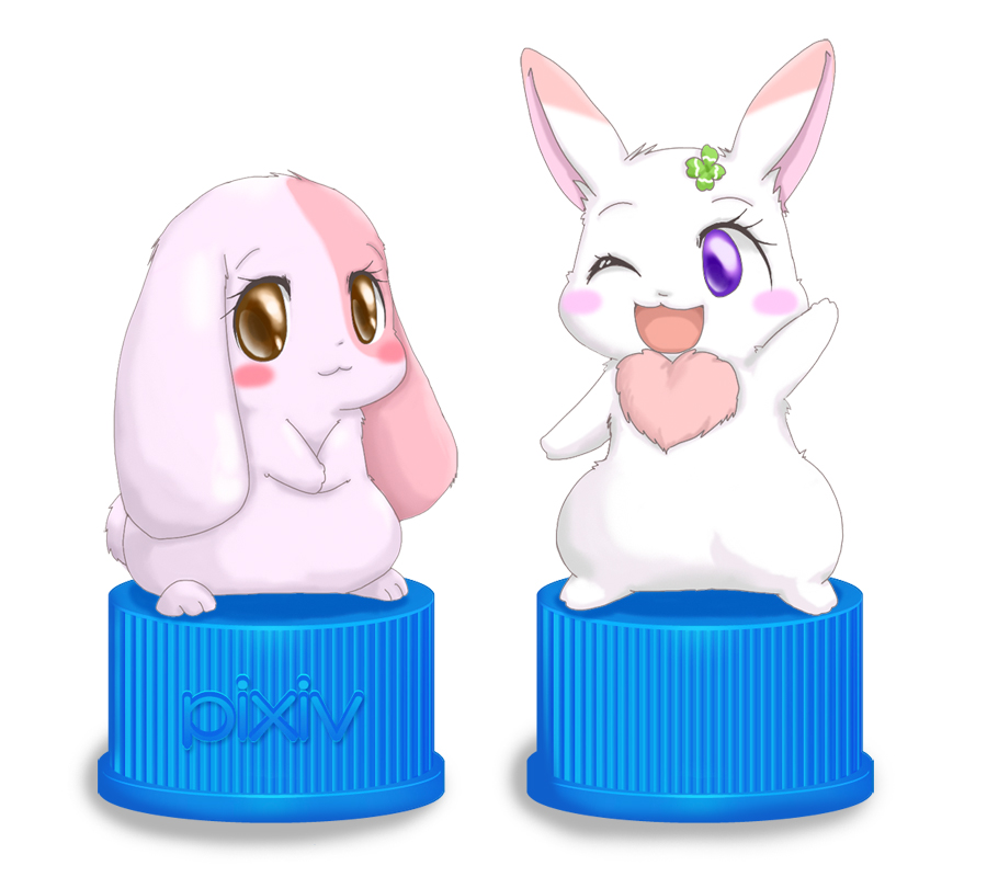 00s, :3, animal_ears, animal_hands, brown_eyes, chima_(happy_happy_clover), clover, furry, happy, happy_happy_clover, heart, meru_(happy_happy_clover), one_eye_closed, open_mouth, purple_eyes, rabbit, rabbit_ears, simple_background, smile, standing, waving, wink