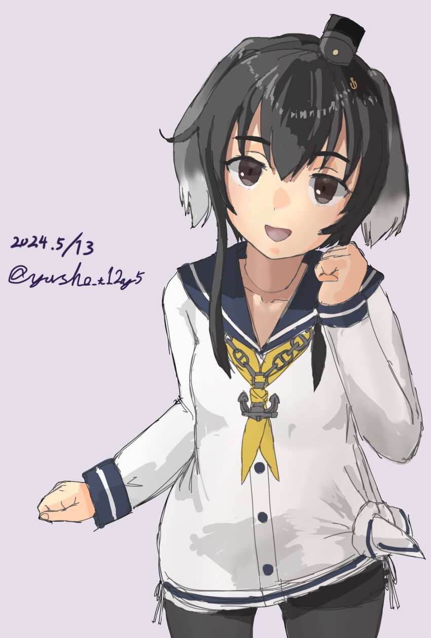 1girl, absurdres, anchor, black_hair, black_pantyhose, blue_sailor_collar, blush, brown_eyes