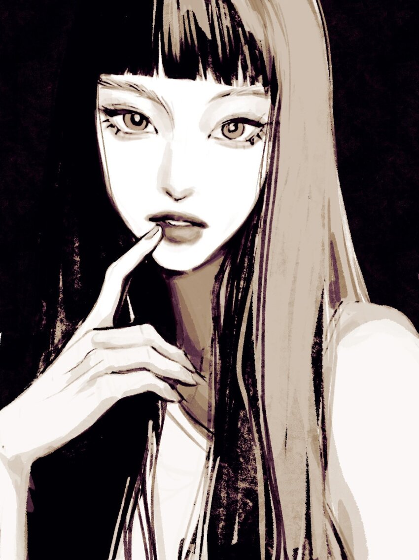 bare_shoulders, blunt_bangs, commentary, eyelashes, finger_to_mouth, fingernails, greyscale, hair_over_shoulder, hashtag-only_commentary, highres, hime_cut, hyein_(newjeans), lipstick, long_hair, looking_at_viewer, makeup, monochrome, newjeans, oxi206, parted_lips, straight_hair, teeth, thick_eyebrows