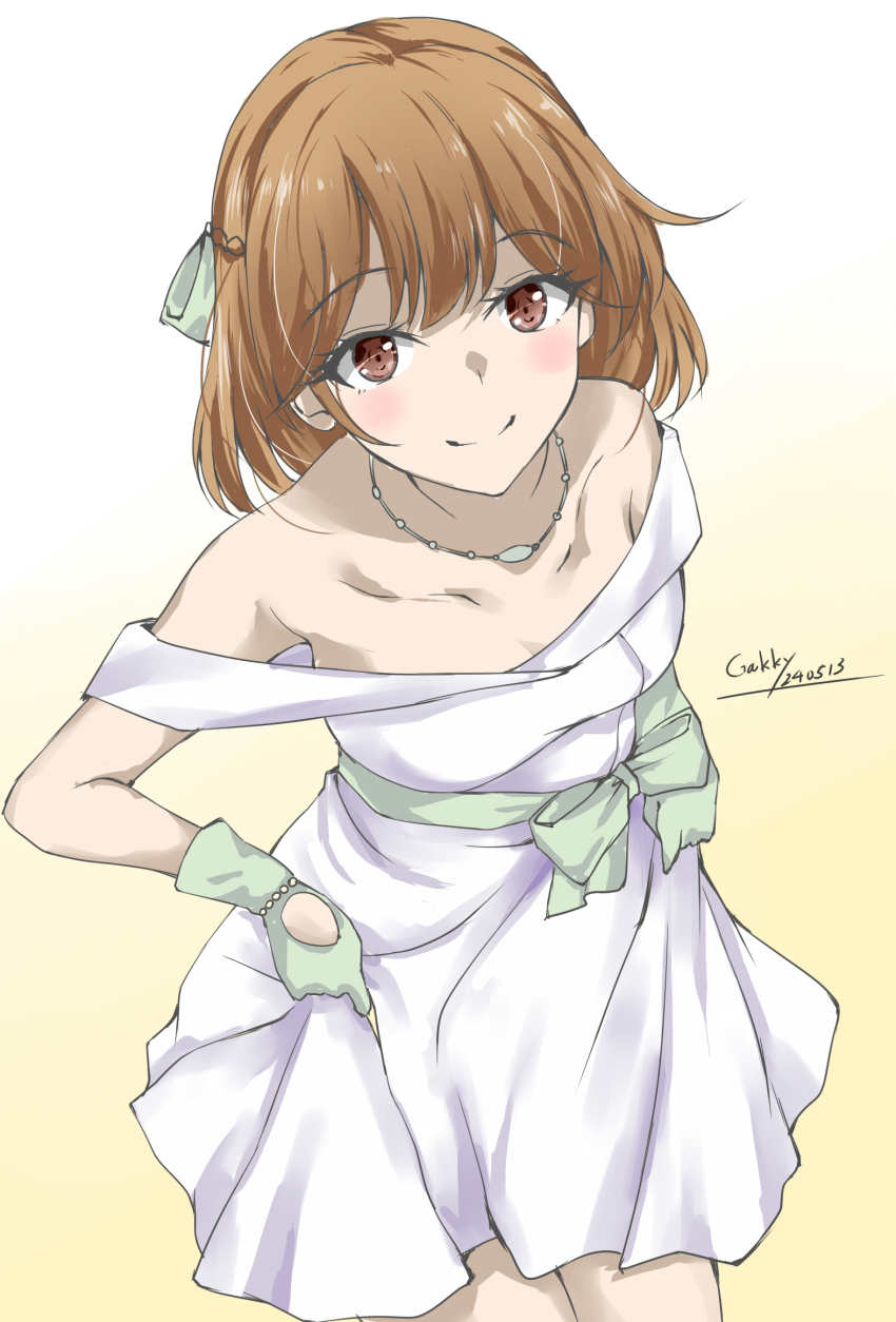 blush, breasts, brown_eyes, brown_hair, collarbone, dress, gakky, gloves