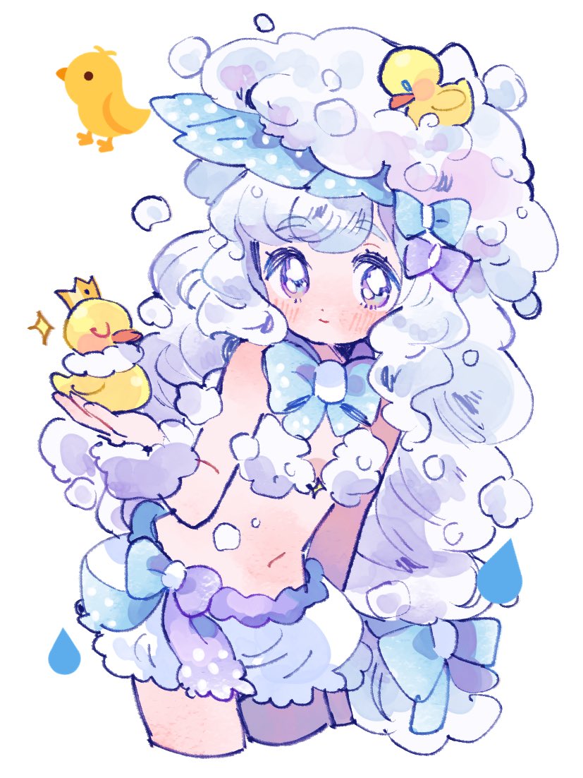 1girl, animal, arm_at_side, baby_animal, bird, bloomers, blue_bow, blush