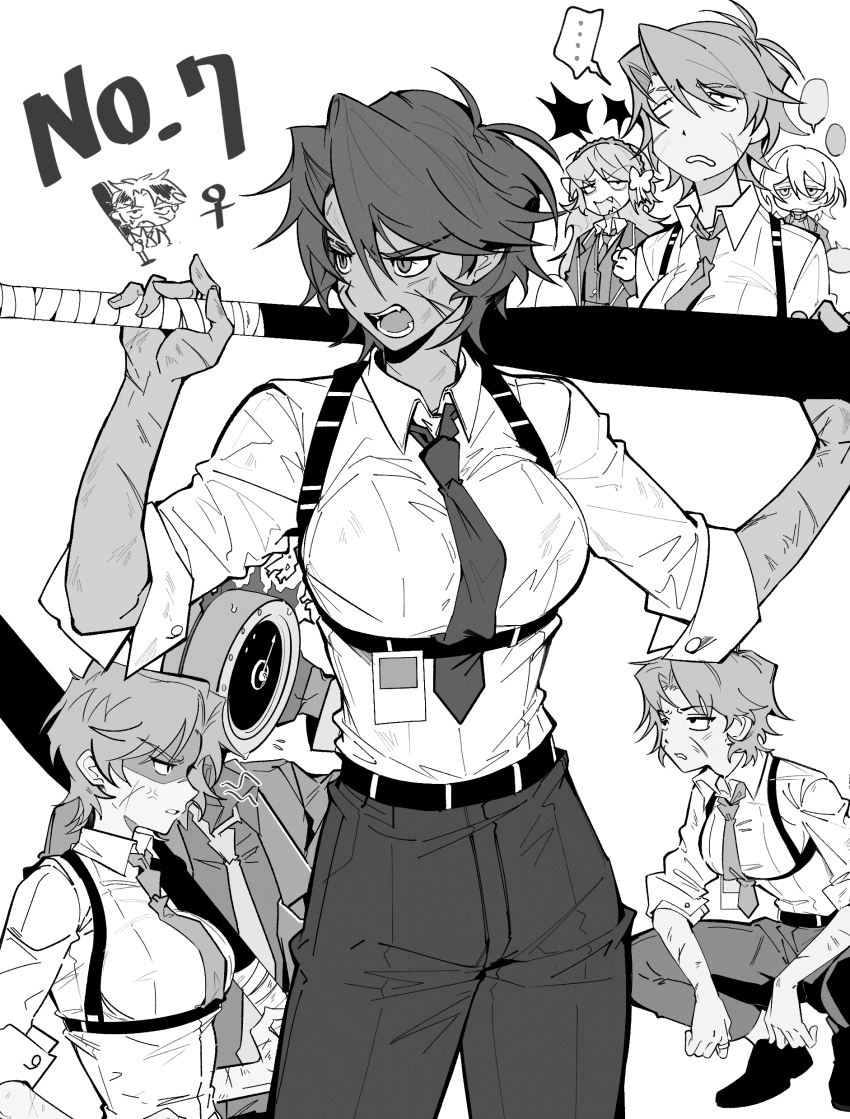 3girls, absurdres, baseball_bat, collared_shirt, dante_(limbus_company), dark-skinned_female, dark_skin, faust_(project_moon)