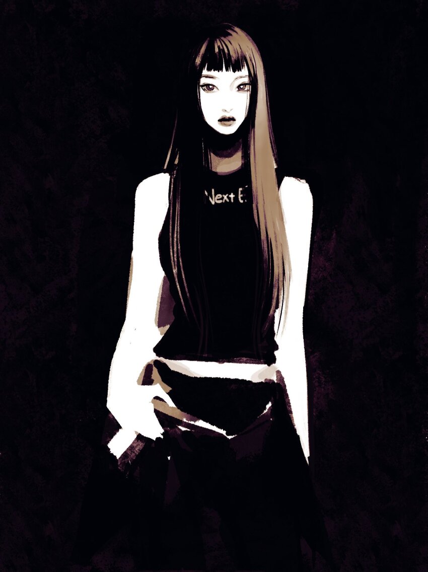 1girl, bare_arms, bare_shoulders, black_background, black_nails, black_pants, black_shirt, blending