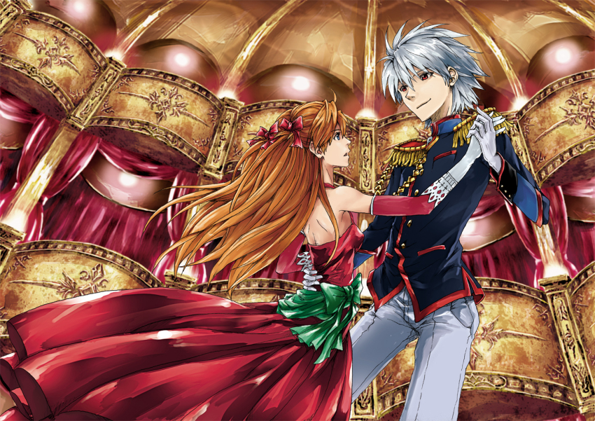 1boy, 1girl, blue_eyes, bow, dancing, dress, enola_(ebanataw), formal_clothes, hair_bow, holding_hands, hetero, nagisa_kaworu, neon_genesis_evangelion, red_eyes, souryuu_asuka_langley, uniform, white_hair