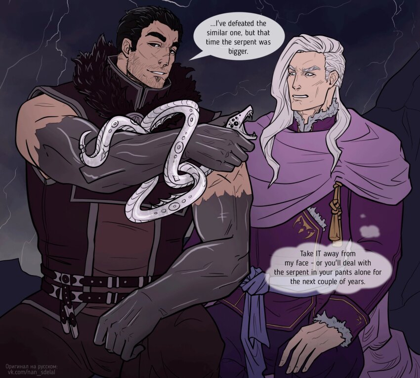 2boys, animal, armor, black_hair, black_sclera, blood, blood_on_face, clenched_hand, closed_eyes, colored_sclera, commentary, emperor's_children, english_commentary, english_text, facial_hair, ferrus_manus, fulgrim, grey_eyes, highres, holding, holding_animal, iron_hands_(warhammer), long_hair, looking_at_another, male_focus, medusan_carapace, multiple_boys, natalia_kikicheva, primarch, short_hair, smug, snake, speech_bubble, stubble, teeth, thought_bubble, vk_username, warhammer_40k, white_hair