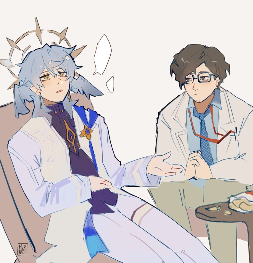 2boys, artist_logo, artist_name, blank_speech_bubble, blue_hair, blue_necktie, blue_shirt, brown_eyes