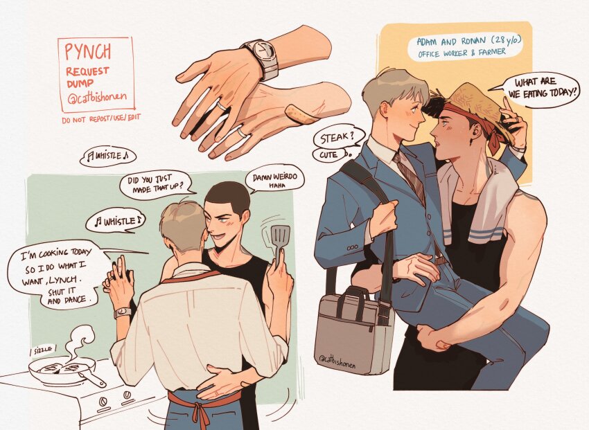 2boys, adam_parrish, apron, back_tattoo, bandaid, bandaid_on_hand, bishounen, black_hair