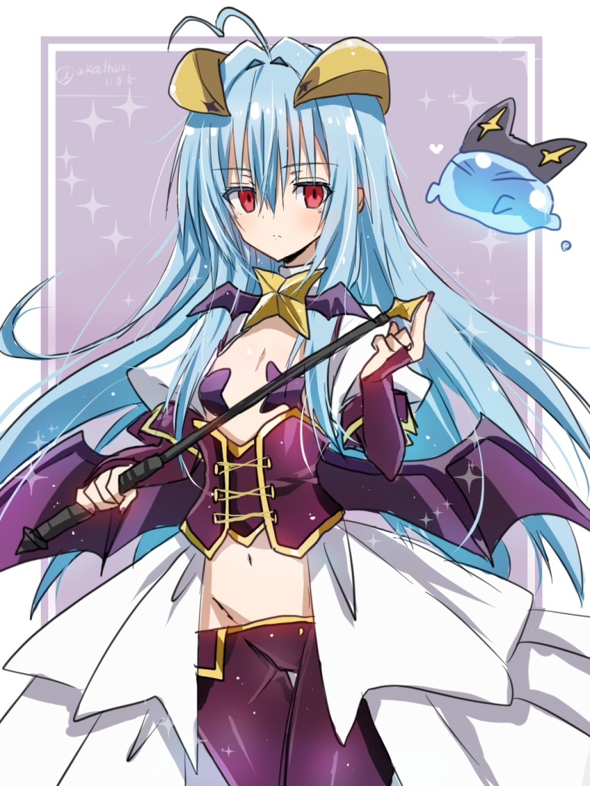 1boy, 1girl, ahoge, akatsuki_(ggsy7885), bat_wings, black_wings, blue_hair, ciel_(tensura)