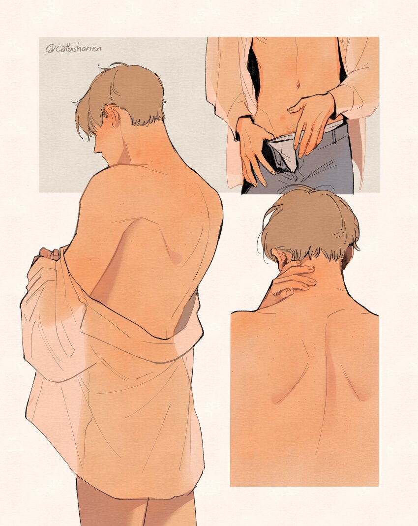 1boy, absurdres, adam_parrish, back, bishounen, blonde_hair, catbishonen, cowboy_shot, highres, male_focus, multiple_views, open_fly, partially_undressed, short_hair, simple_background, solo_focus, the_raven_cycle, undressing