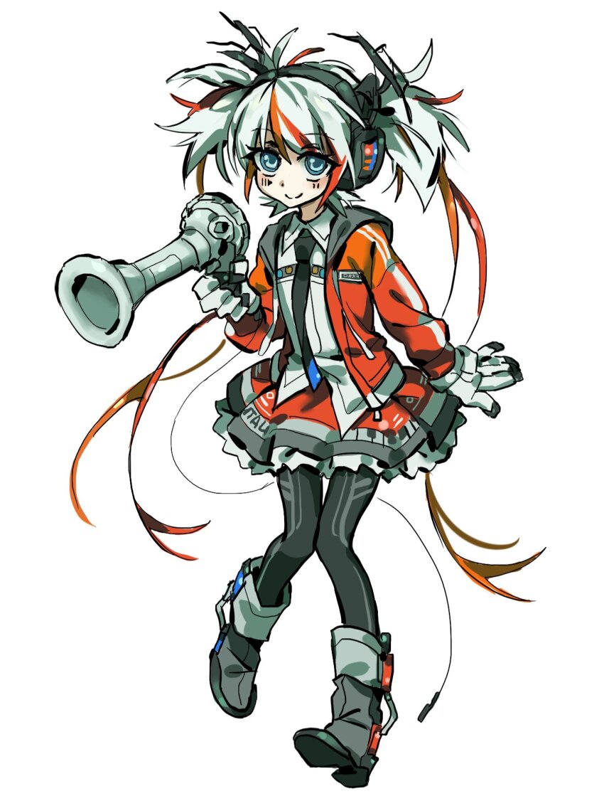 1girl, antenna_hair, black_necktie, black_pantyhose, blue_eyes, boots, cable, closed_mouth