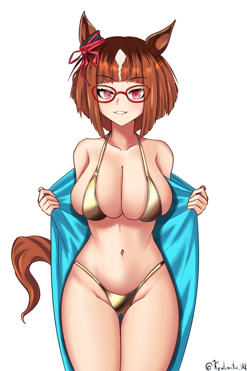 1girl, absurdres, animal_ears, bikini, bob_cut, bow, breasts, brown_hair