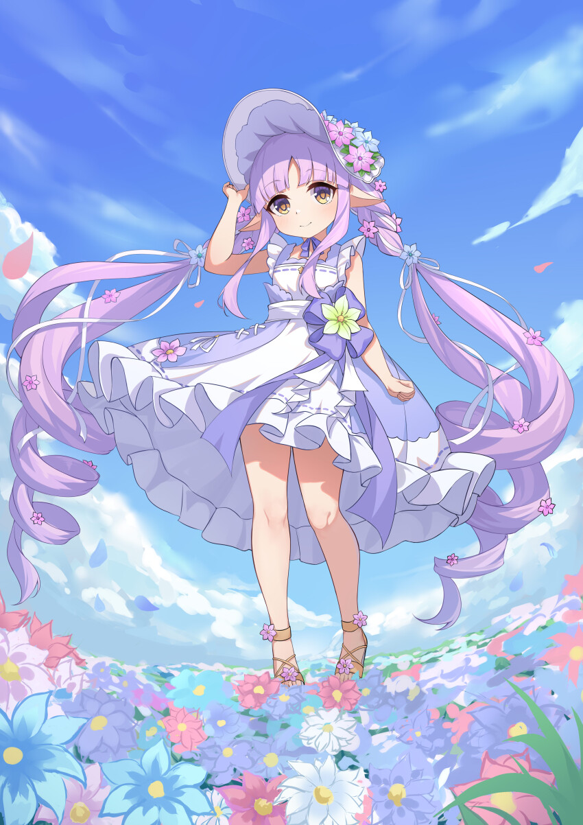 1girl, absurdres, bonnet, braid, braided_ponytail, dress, elf, field, flower, flower_field, hair_flower, hair_ornament, highres, jinfengkaze, kyoka_(princess_connect!), kyoka_(spring)_(princess_connect!), long_hair, pointy_ears, princess_connect!, purple_dress, purple_hair, ribbon, sandals, solo, twintails, white_dress