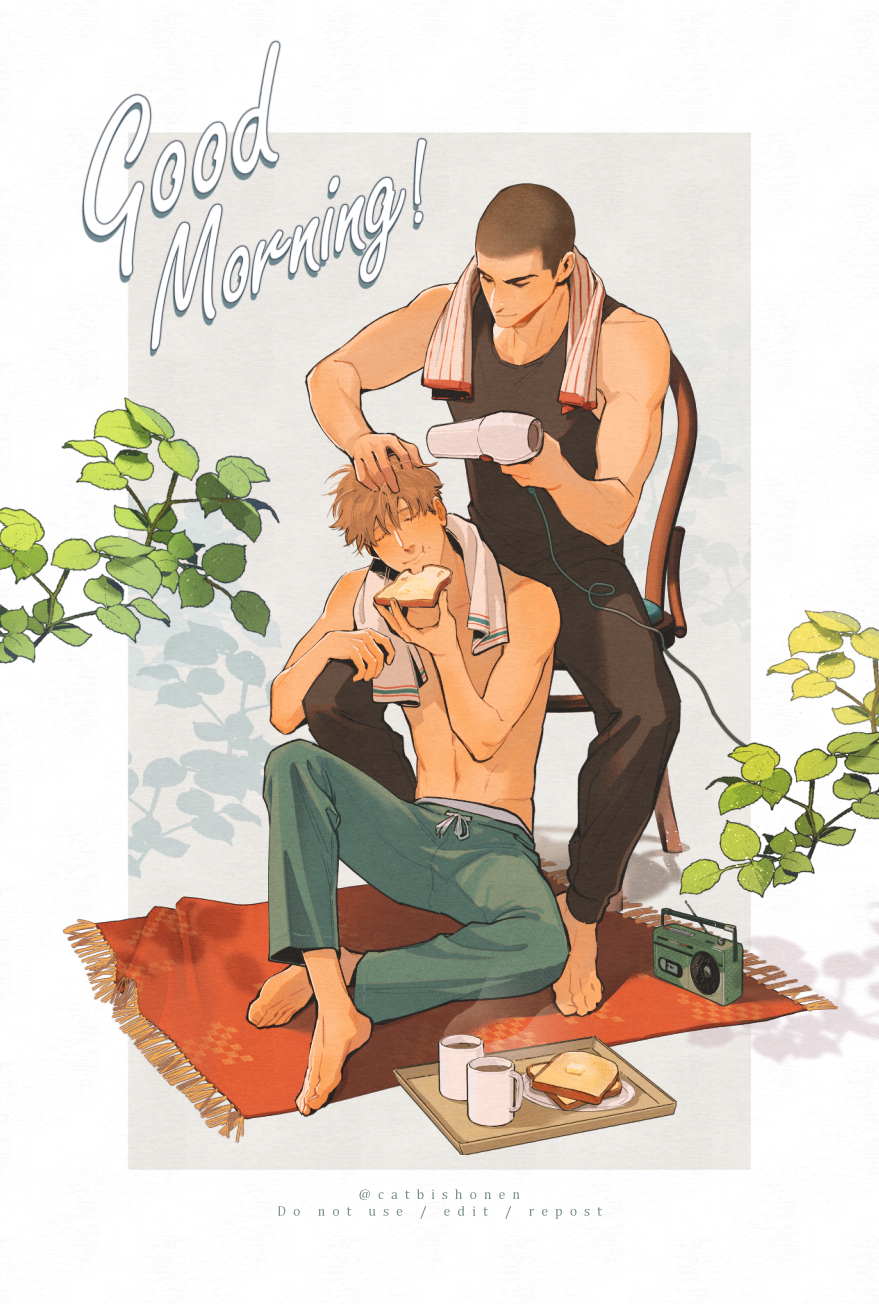 2boys, adam_parrish, black_hair, black_tank_top, blonde_hair, bread, bread_slice, breakfast