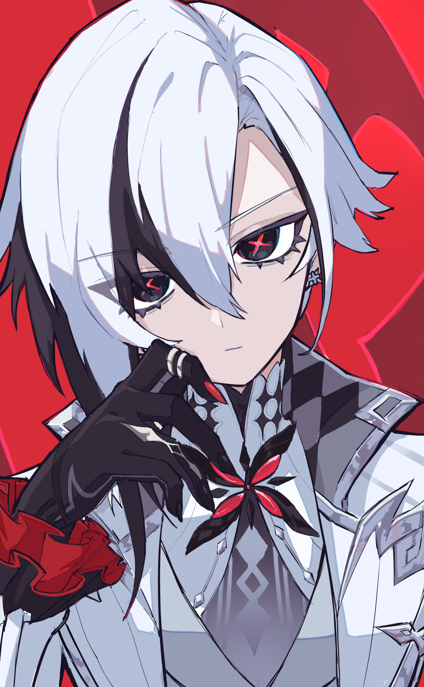 1girl, absurdres, arlecchino_(genshin_impact), black_eyes, black_gloves, black_hair, black_nails, earrings, expressionless, eyes_visible_through_hair, fingernails, firefly_png, frilled_sleeves, frills, genshin_impact, gloves, hair_between_eyes, hand_up, highres, jacket, jewelry, jitome, long_sleeves, looking_at_viewer, multicolored_hair, multicolored_nails, red_background, red_nails, red_pupils, ring, sharp_fingernails, short_hair, simple_background, solo, streaked_hair, symbol-shaped_pupils, two-tone_hair, upper_body, white_hair, white_jacket, x-shaped_pupils