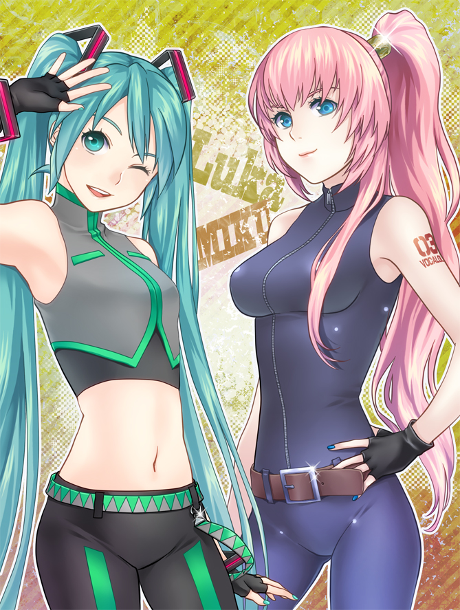 2girls, aqua_eyes, aqua_hair, belt, fingerless_gloves, gloves, hatsune_miku, hatsune_miku_(dancer), long_hair, megurine_luka, midriff, multiple_girls, navel, ohse, one_eye_closed, pink_hair, ponytail, project_diva, project_diva_(series), project_diva_2nd, twintails, very_long_hair, vocaloid, wink, zipper