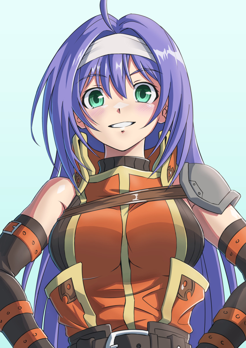 1girl, ahoge, armor, blush, breasts, commentary_request, dress, fire_emblem, fire_emblem:_path_of_radiance, funami_dingo, green_eyes, hairband, highres, long_hair, looking_at_viewer, medium_breasts, mia_(fire_emblem), nintendo, orange_dress, pauldrons, purple_hair, shoulder_armor, single_bare_shoulder, single_pauldron, smile, solo, upper_body, white_hairband