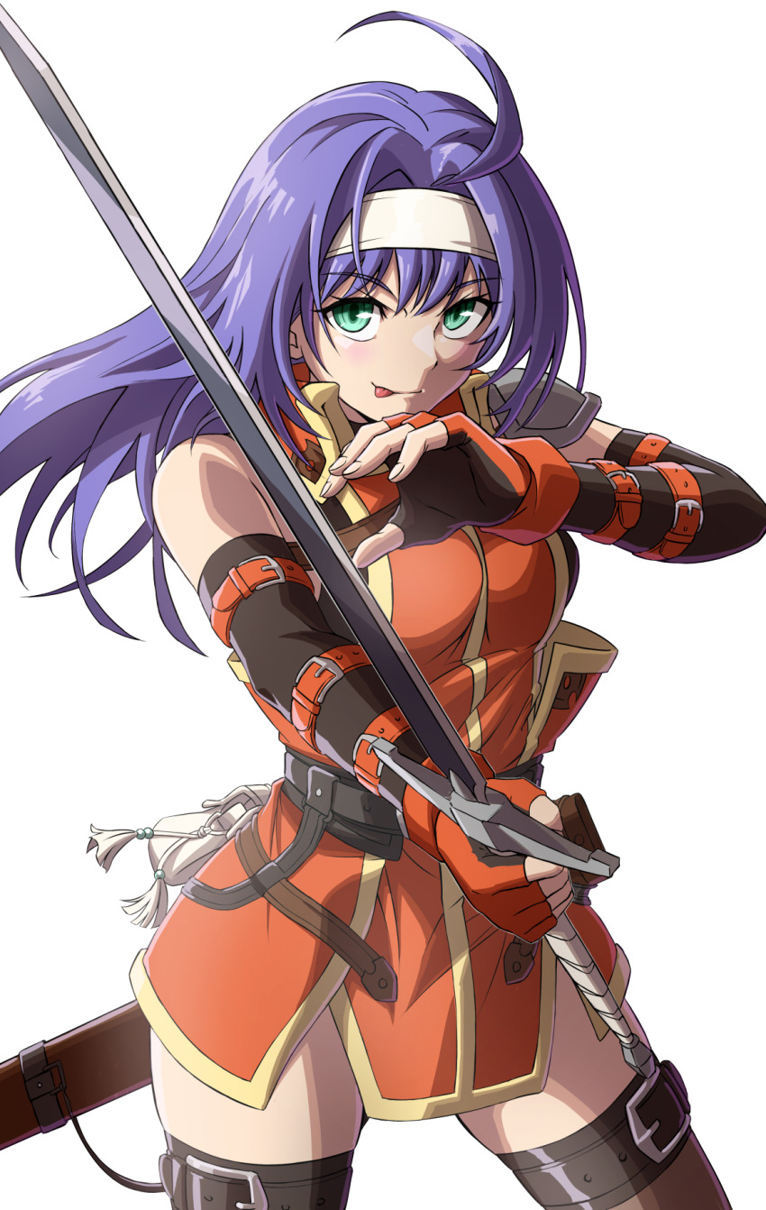 1girl, ;p, ahoge, armor, cowboy_shot, dress, elbow_gloves, fingerless_gloves