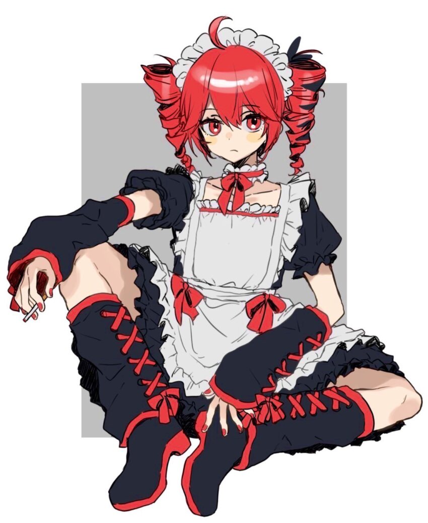 1girl, ahoge, alternate_costume, apron, arm_on_knee, black_dress, black_footwear, black_sleeves