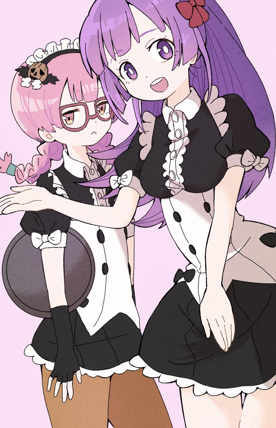 2girls, :d, alternate_costume, arianna_caledonia, braid, breasts, chloe_de_gervaise, corset