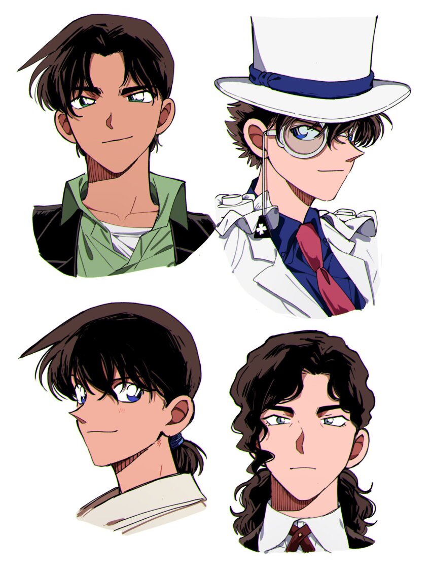 4boys, black_hair, blue_eyes, blue_shirt, closed_mouth, collared_shirt, commentary_request, cropped_shoulders