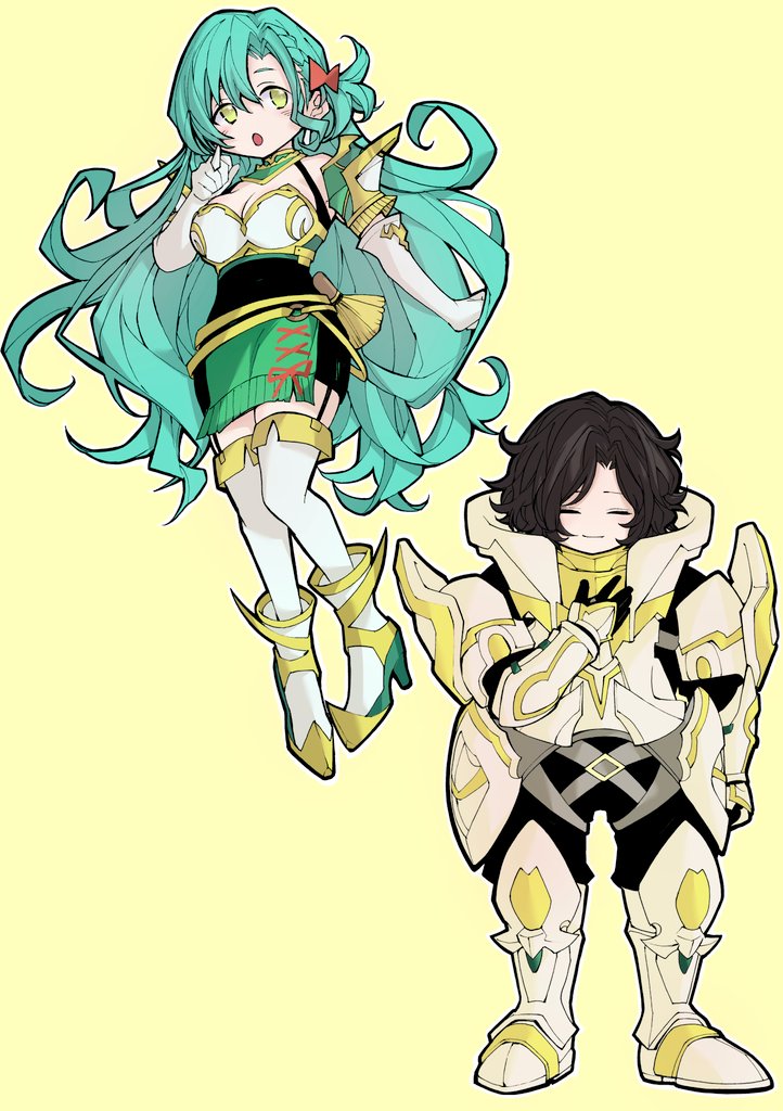 1boy, 1girl, aqua_hair, armor, bow, braid, breastplate, breasts